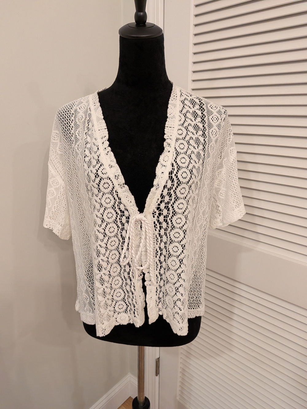 B#1:Women's White Crochet Tie-Front Top Size M